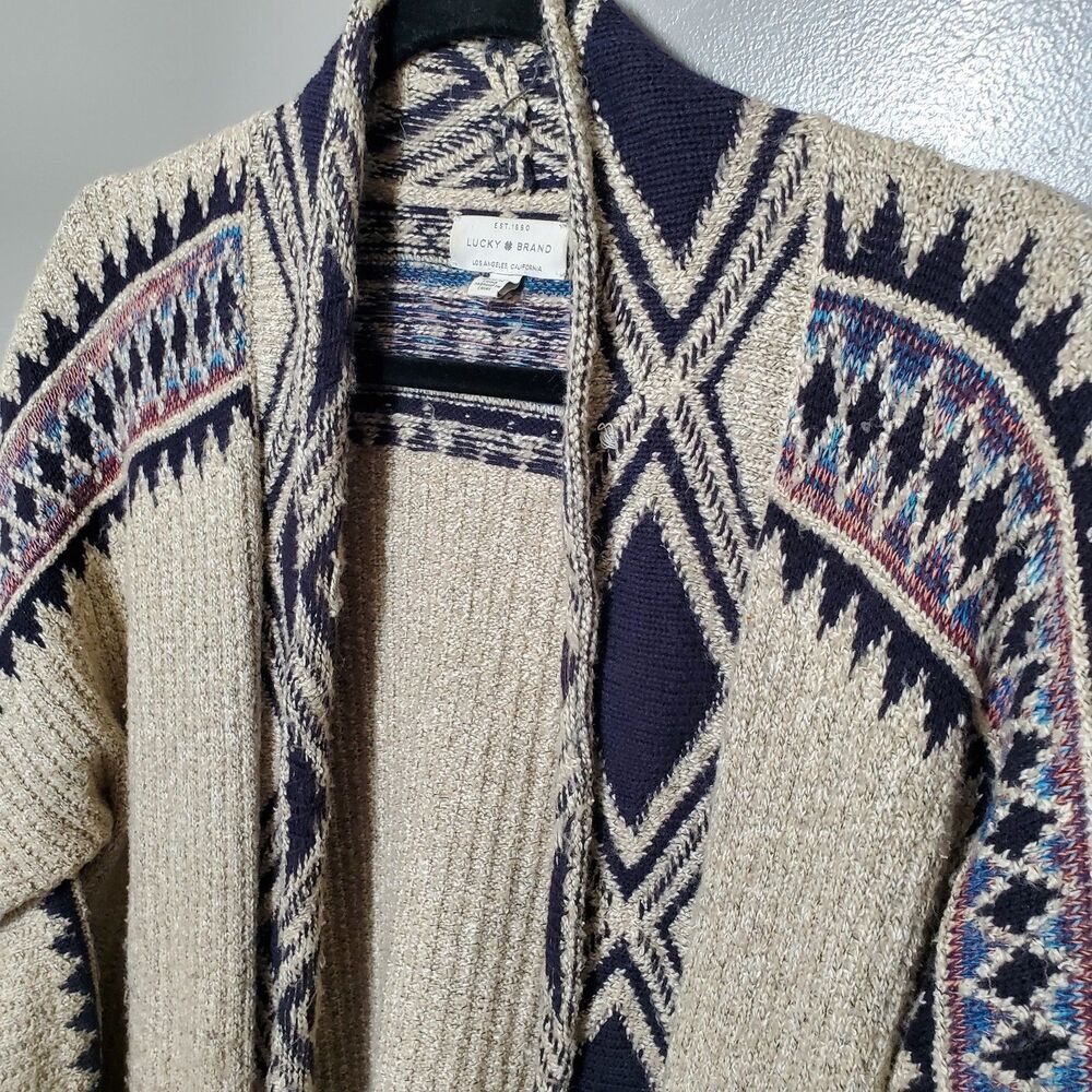 Lucky Brand Cardigan Sweater Size L/XL Oatmeal Tribal Aztec Western Open Front - Picture 3 of 12